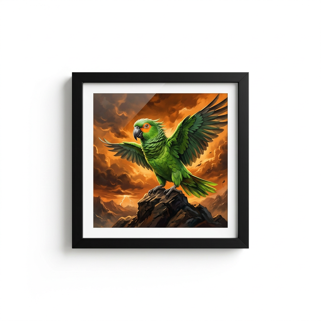 A framed print of a green parrot on a rock under a stormy orange sky