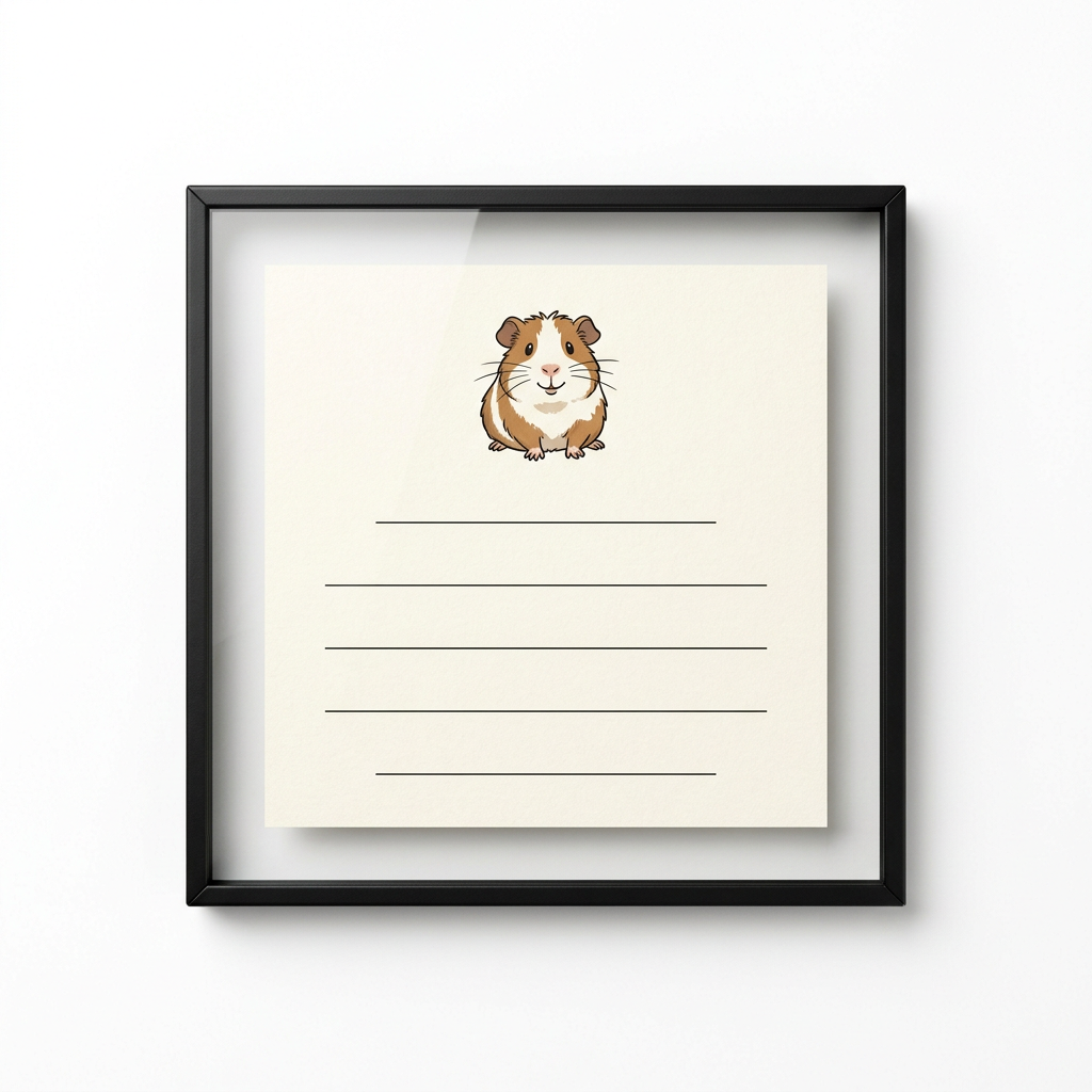 A framed cream sign with an illustrated guinea pig above blank ruled lines