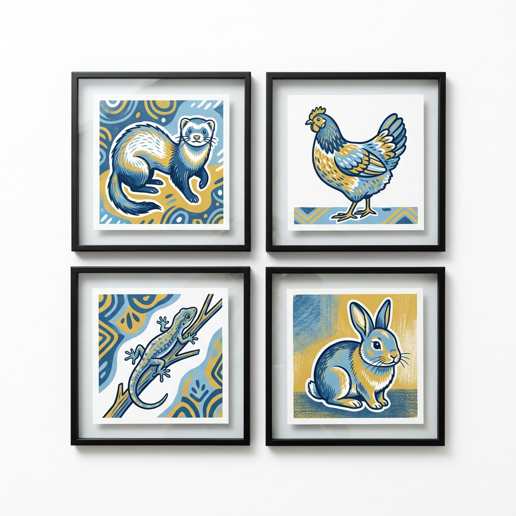 Four framed prints of a ferret, hen, gecko and rabbit hung in a square grid
