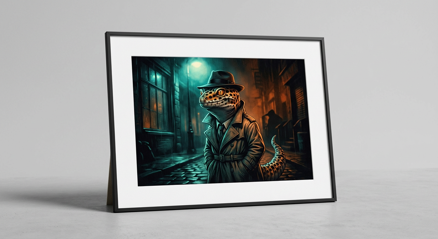 A leopard gecko in a trench coat and fedora on a rainy noir street, printed and framed