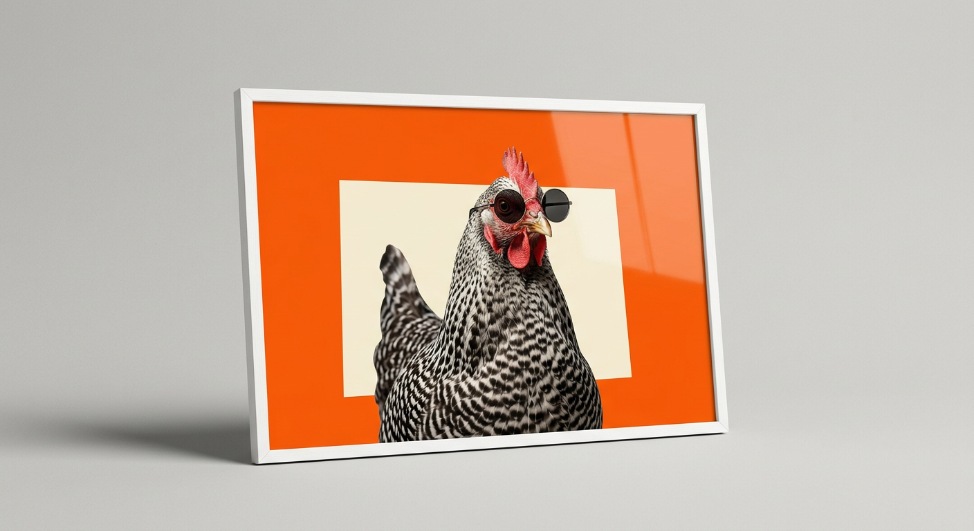 A speckled hen in round sunglasses on an orange poster, framed in white