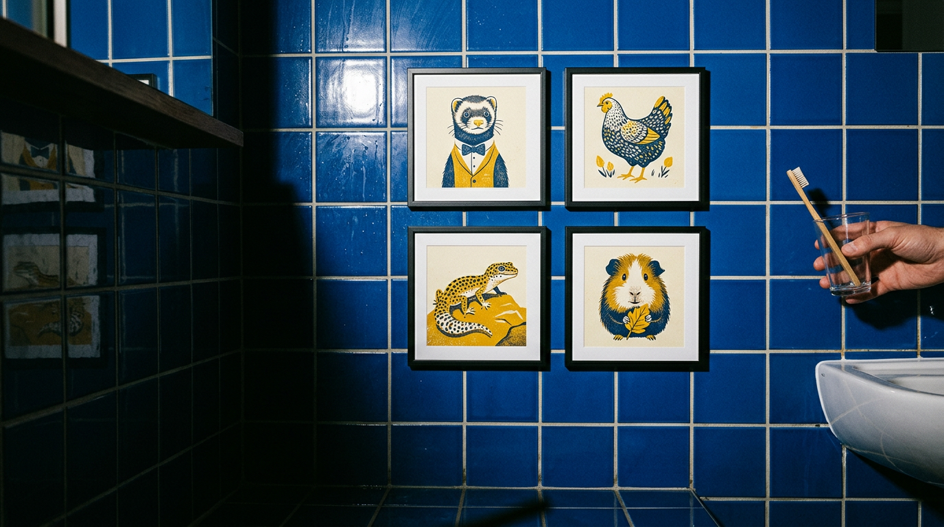 Four small framed animal prints hung on a deep blue tiled bathroom wall