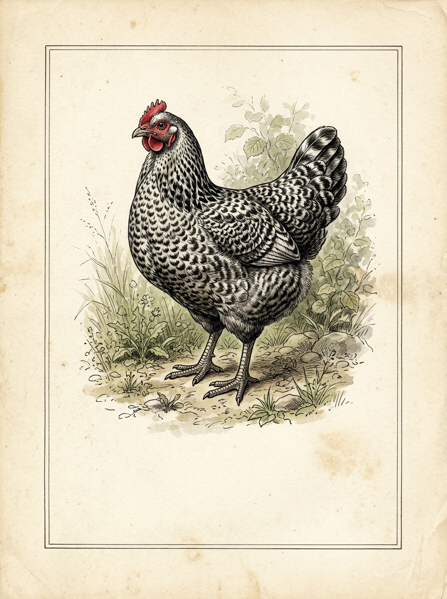 A vintage engraving of a speckled hen standing in grass on aged paper