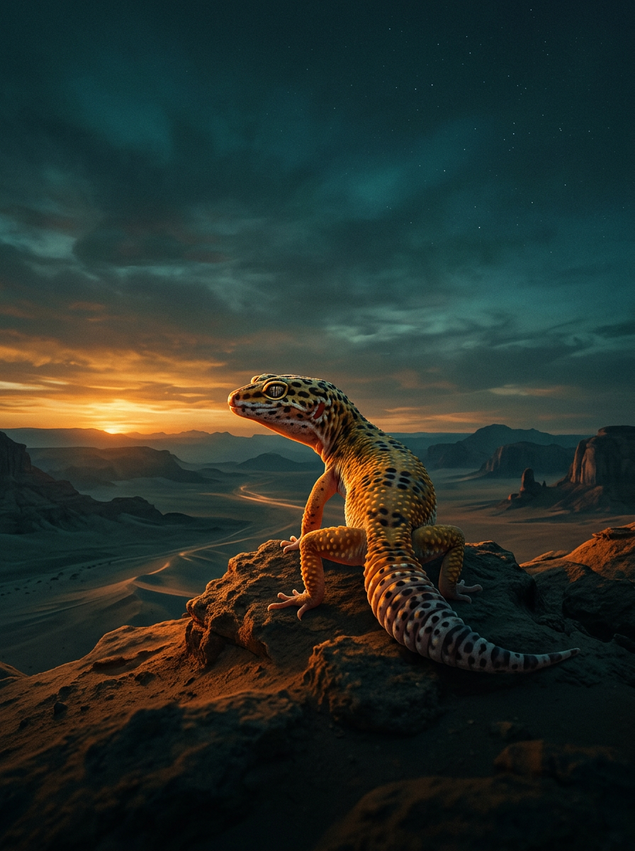 A leopard gecko on a desert rock at sunset under a teal sky